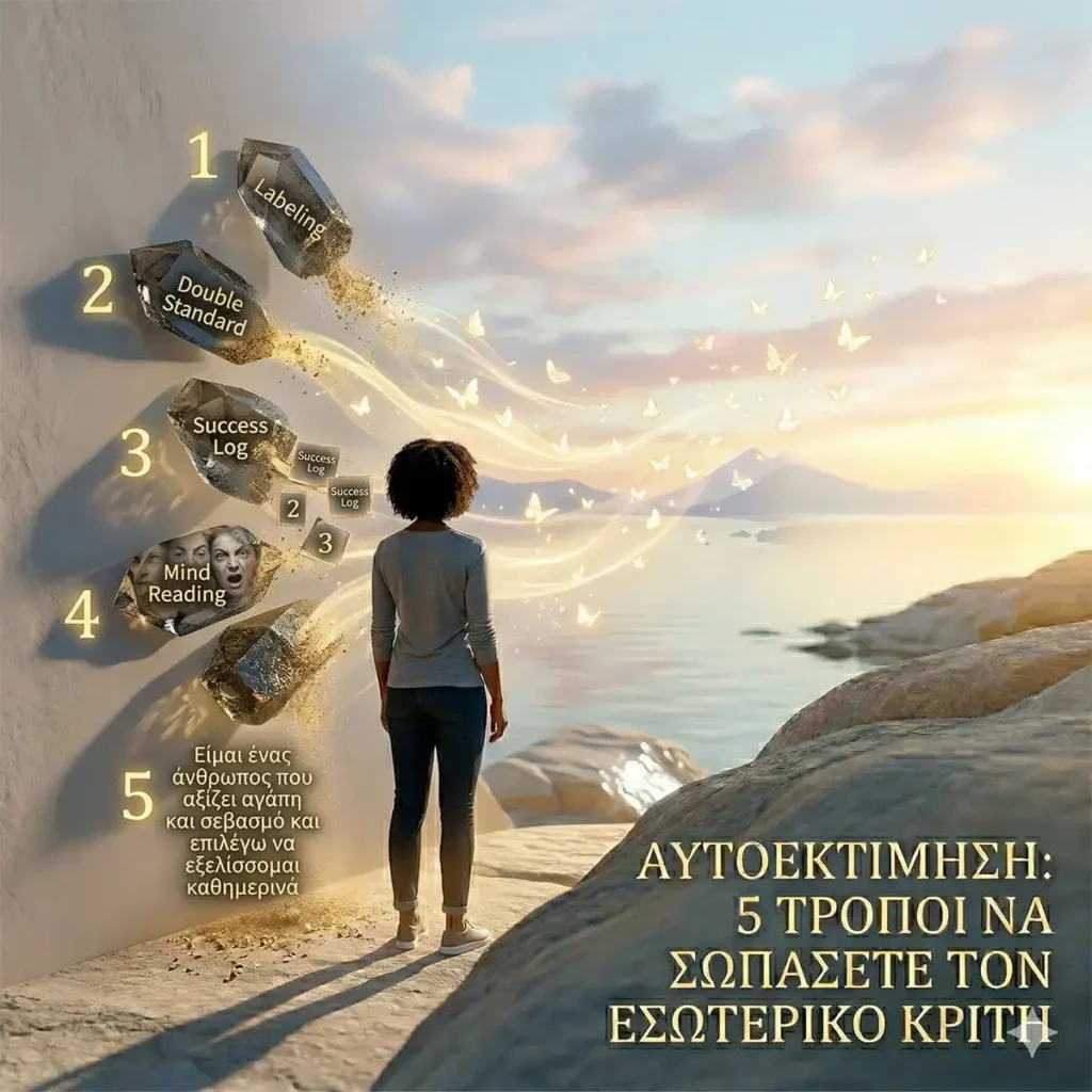 Μεταμόρφωση της αυτοεκτίμησης: Μια γυναίκα που απελευθερώνεται από το σκοτάδι και την αυτοκριτική προς το φως της αυτοαποδοχής.