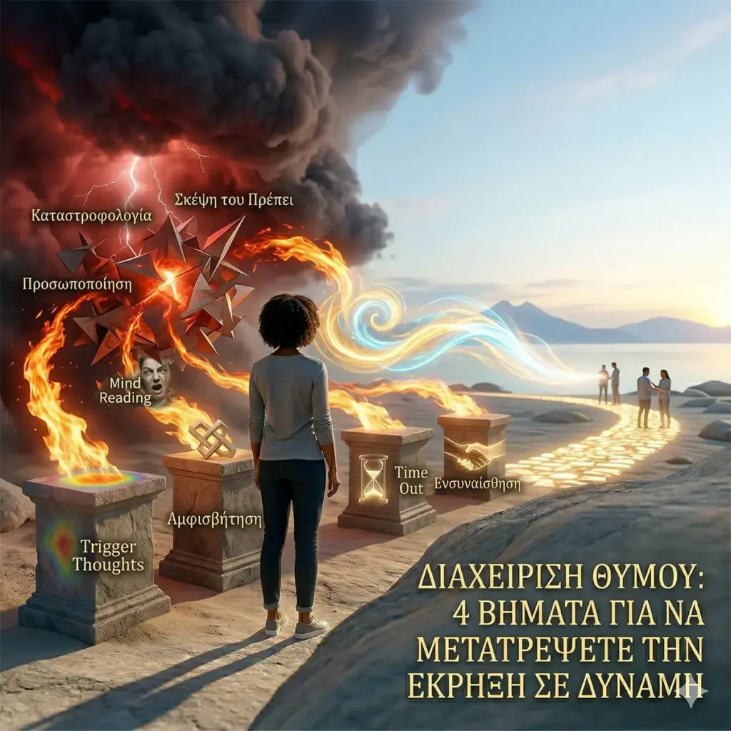 Διαχείριση θυμού και ενεργειακός μετασχηματισμός: Μια καλλιτεχνική αναπαράσταση μιας μορφής που μετατρέπει τη φλεγόμενη ενέργεια του θυμού σε φως και εσωτερική γαλήνη.