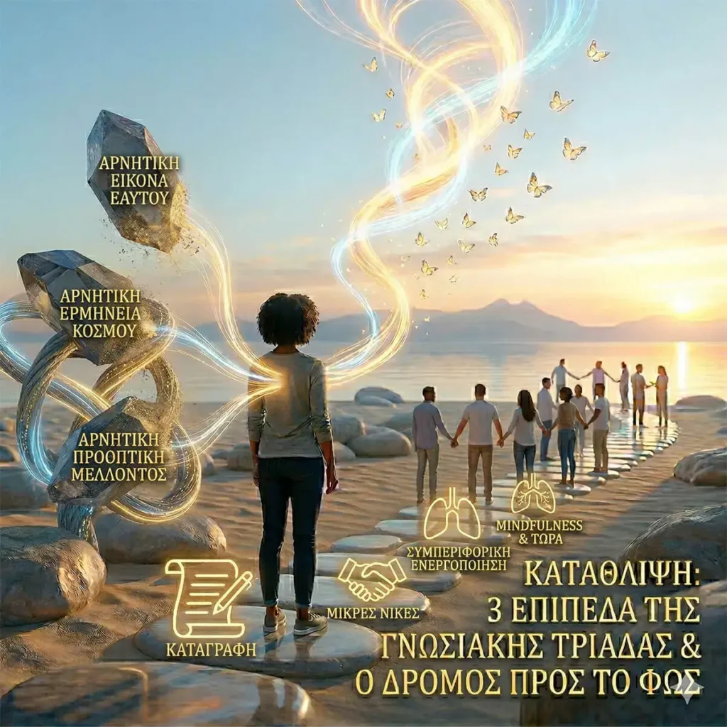 Η Γνωσιακή Τριάδα του Beck και η αντιμετώπιση της κατάθλιψης: Μια καλλιτεχνική απεικόνιση της μετάβασης από τις αρνητικές σκέψεις (εαυτός, κόσμος, μέλλον) στην ολιστική αναγέννηση και το φως.
