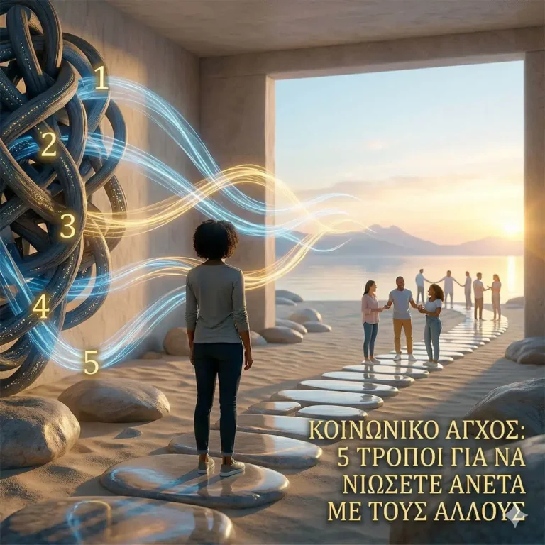 Αντιμετώπιση για το κοινωνικό άγχος: Μια γυναίκα που στέκεται με αυτοπεποίθηση και εσωτερική γαλήνη μέσα σε ένα πλήθος, με φωτεινή αύρα και ιερή γεωμετρία πάνω από το κεφάλι της.