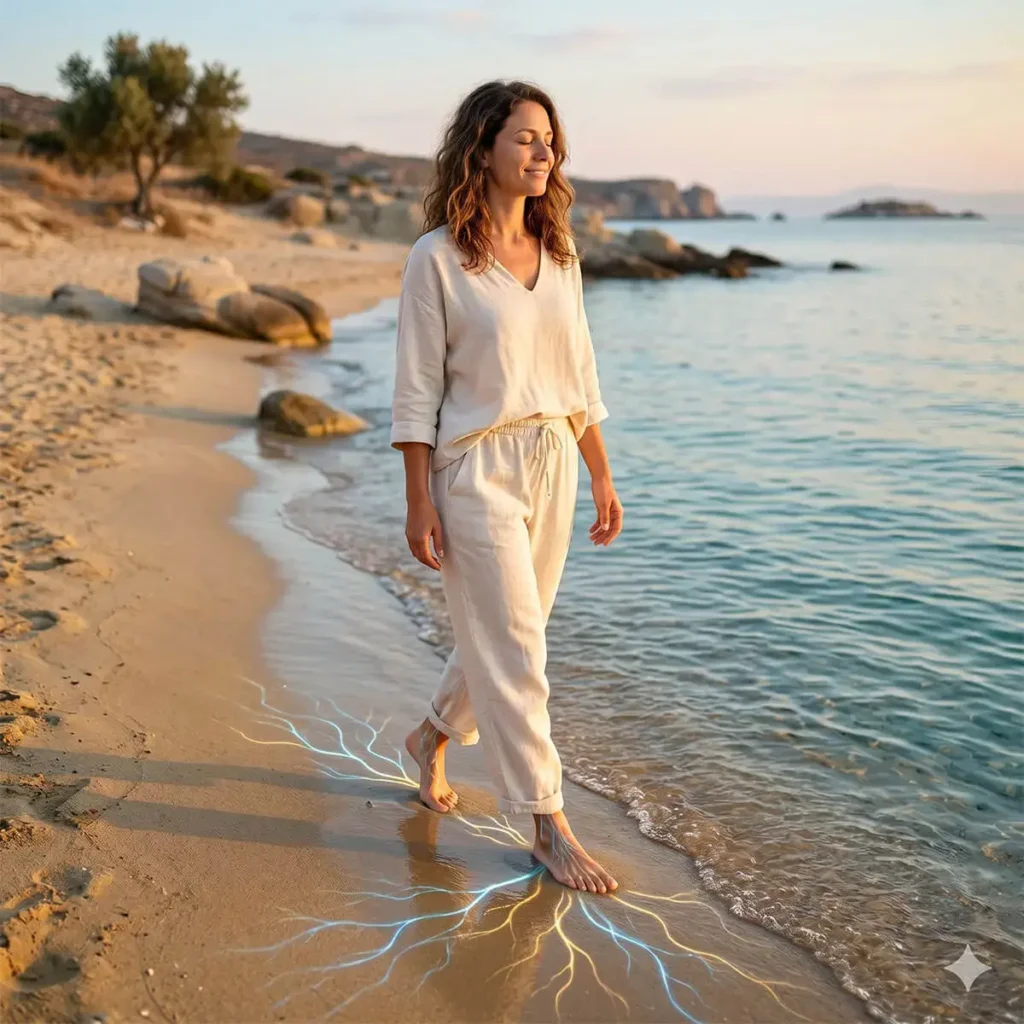 Μια γαλήνια γυναίκα με κλειστά μάτια και ένα ήρεμο χαμόγελο περπατά ξυπόλητη κατά μήκος της ακρογραμμής μιας ελληνικής παραλίας κατά τη διάρκεια του ηλιοβασιλέματος. Φορά άνετα, λινά ρούχα σε απαλό μπεζ χρώμα. Από τα γυμνά πέλματά της εκπέμπονται φωτεινές, ηλεκτρικές γραμμές σε χρυσές και γαλάζιες αποχρώσεις που απλώνονται στην υγρή άμμο, συμβολίζοντας την απορρόφηση των ελεύθερων ηλεκτρονίων και τη διαδικασία της γείωσης (Earthing). Το φόντο δείχνει την ήρεμη θάλασσα του Αιγαίου, διάσπαρτους βράχους στην ακτή και μια ελιά στο βάθος, κάτω από τον ζεστό, χρυσό ουρανό του δειλινού.