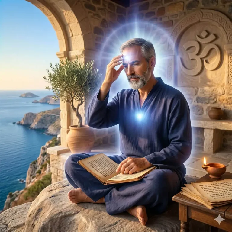 Ένας άνδρας σε βαθύ στοχασμό (Jnana Yoga) σε ελληνικό παραθαλάσσιο τοπίο, με φως να εκπέμπει από το μέτωπο και την καρδιά.