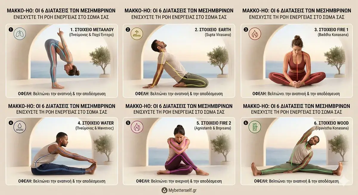 Ένα επαγγελματικό infographic που δείχνει τις 6 ιαπωνικές ασκήσεις Makko-Ho (διατάσεις των μεσημβρινών).